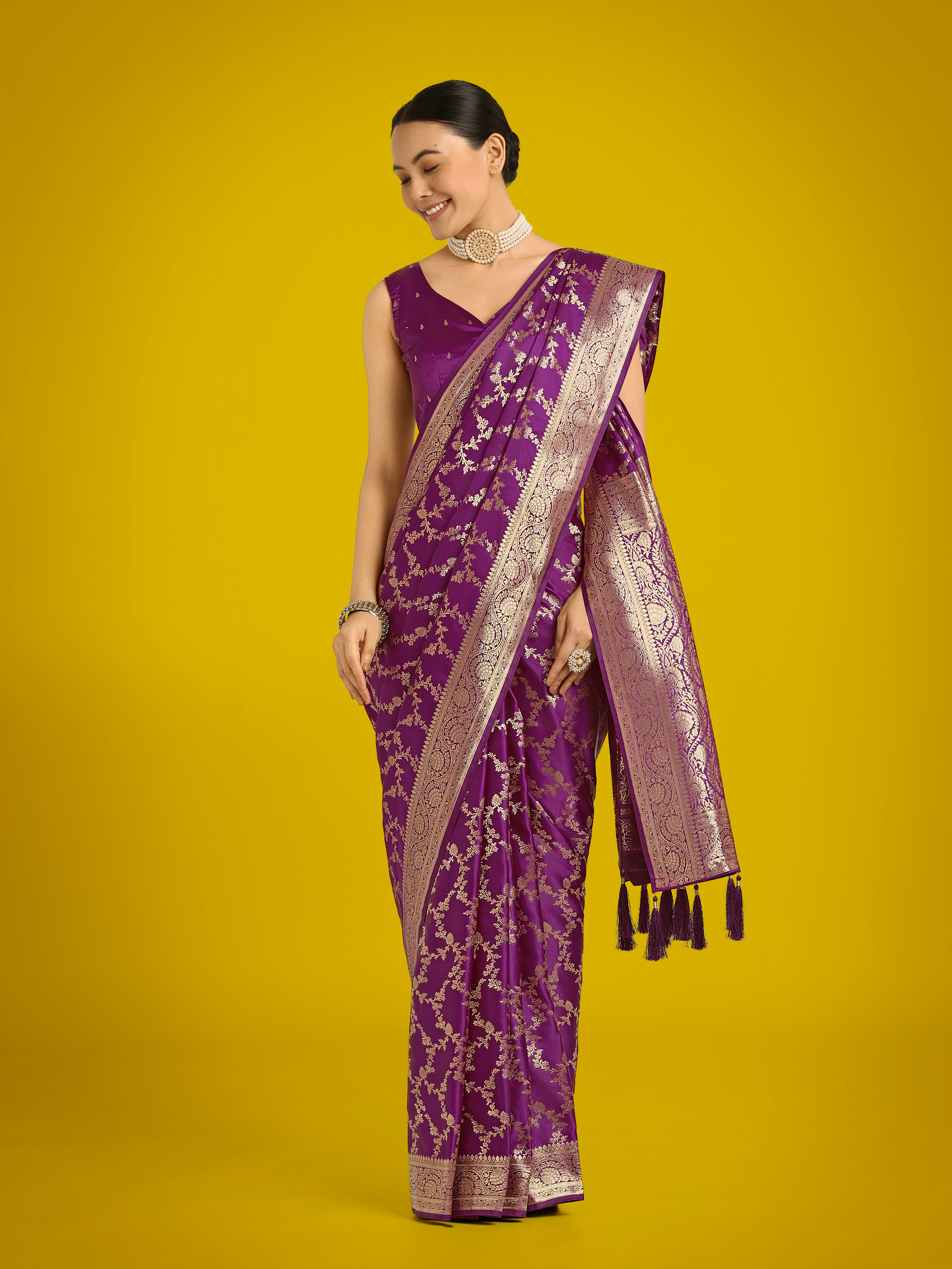 Monjolika Fashion Stunning Purple Banarasi Satin Silk Golden Meenakari Work Saree