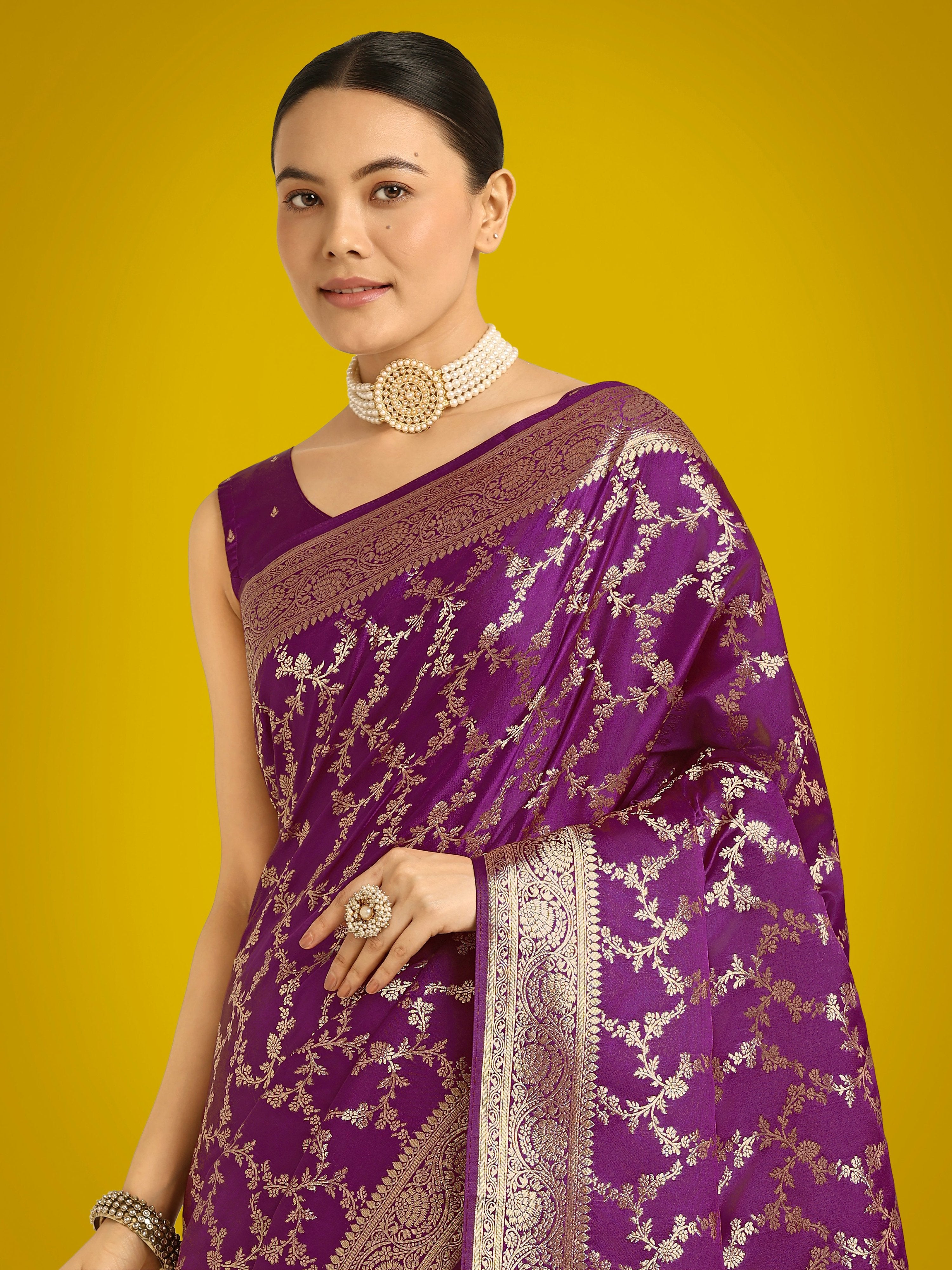 Monjolika Fashion Stunning Purple Banarasi Satin Silk Golden Meenakari Work Saree