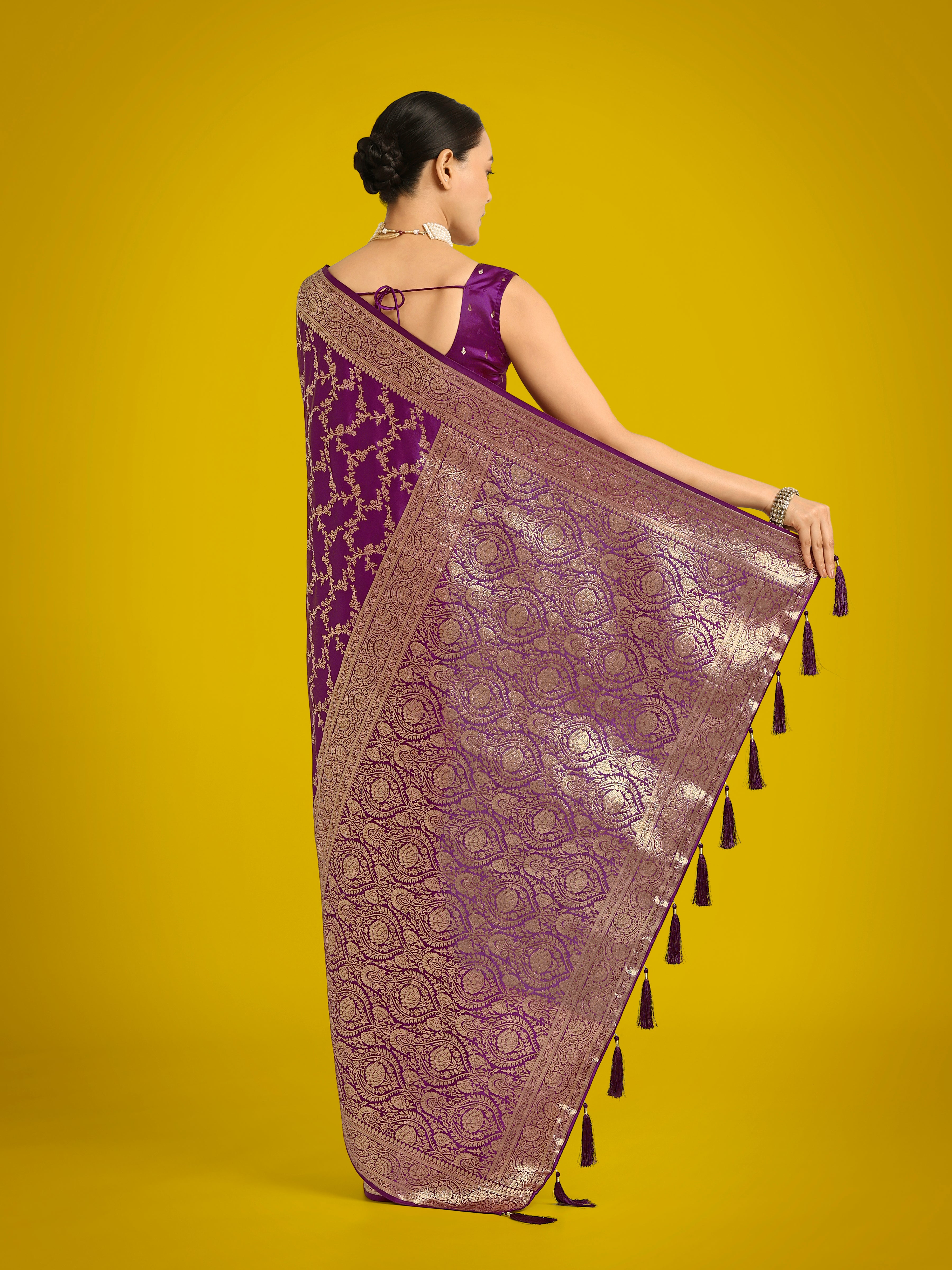 Monjolika Fashion Stunning Purple Banarasi Satin Silk Golden Meenakari Work Saree