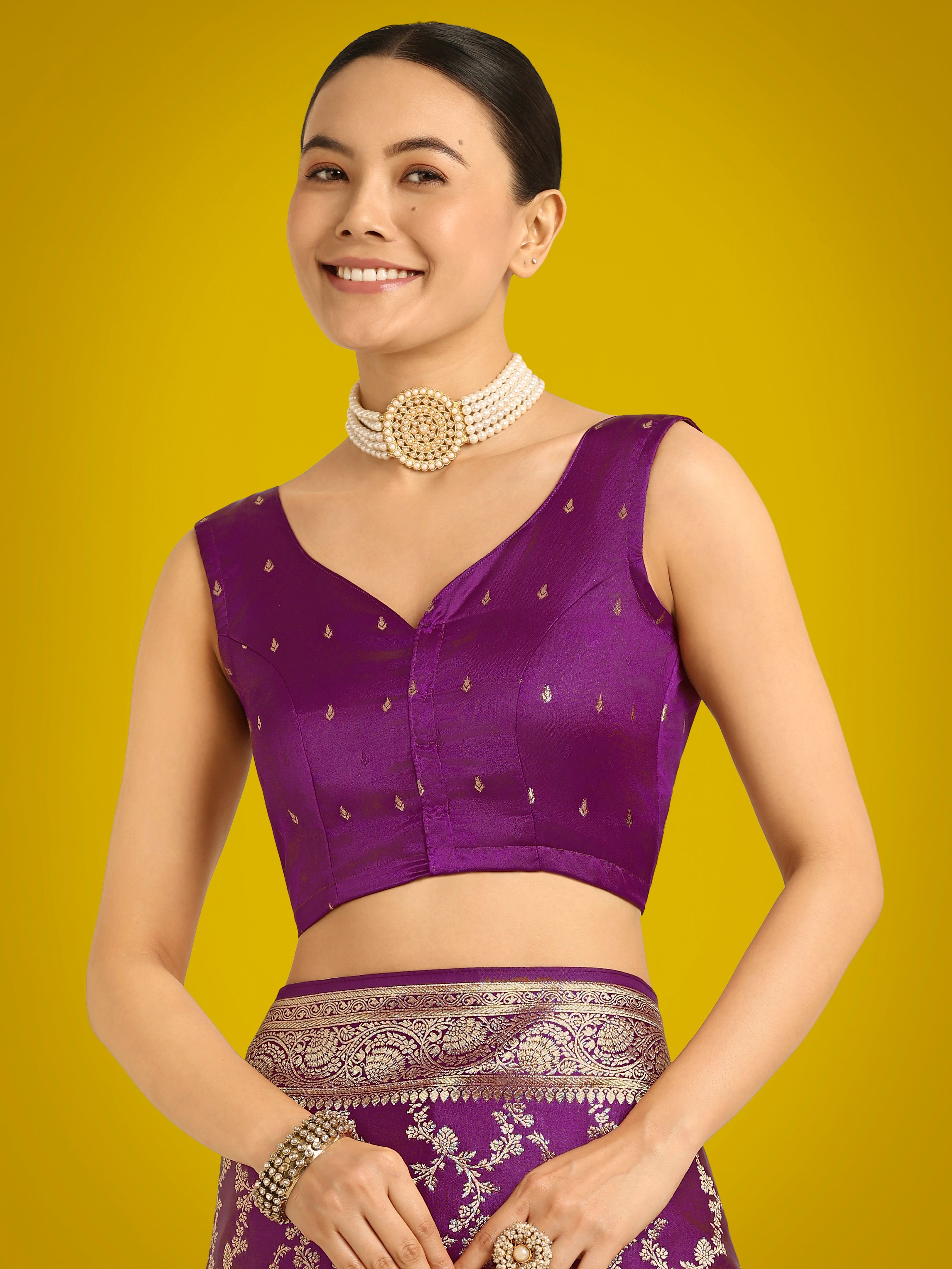 Monjolika Fashion Stunning Purple Banarasi Satin Silk Golden Meenakari Work Saree