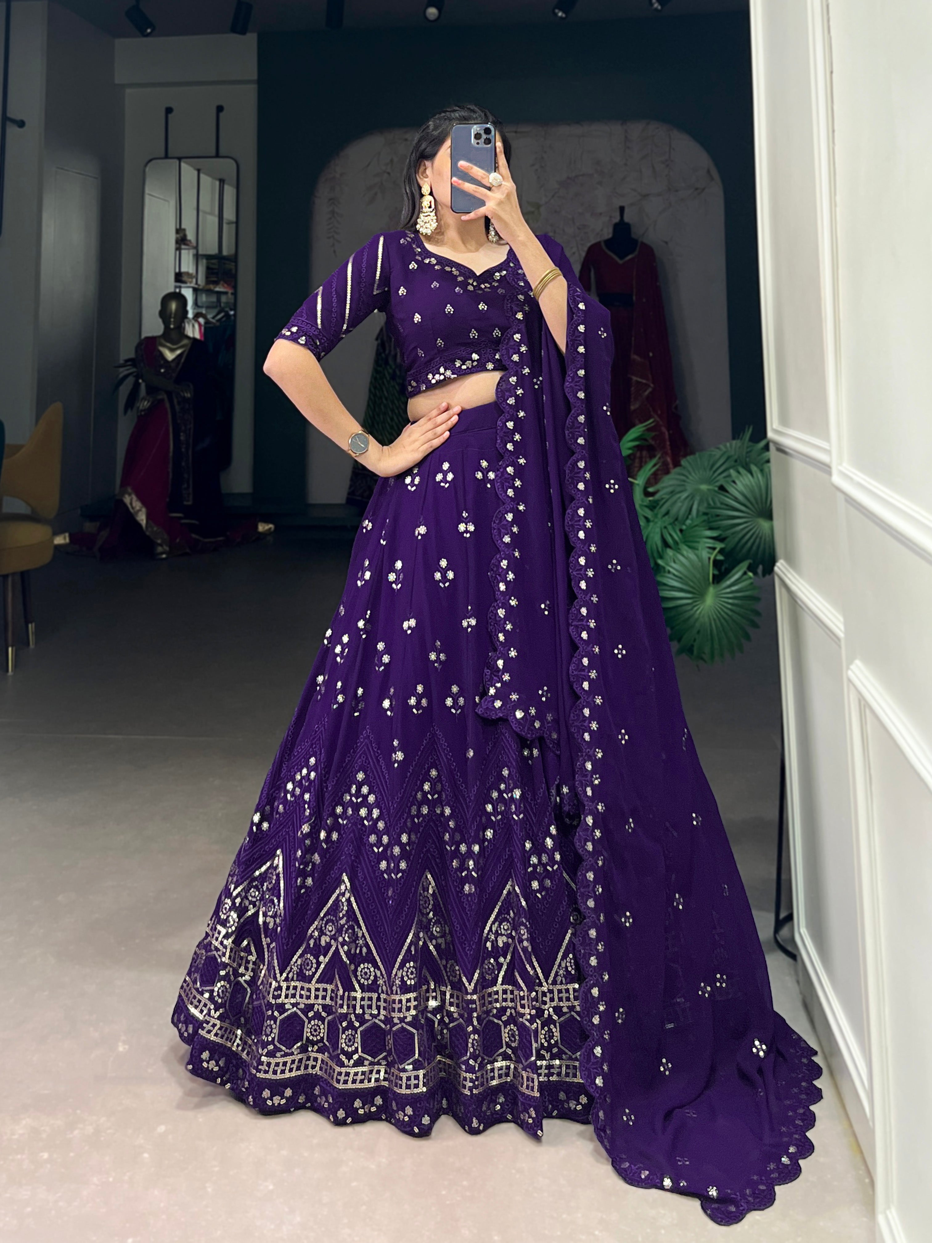 Lorenvalley Purple Georgette Sequins and Thread Embroidery Work Lehenga Choli - Distacart