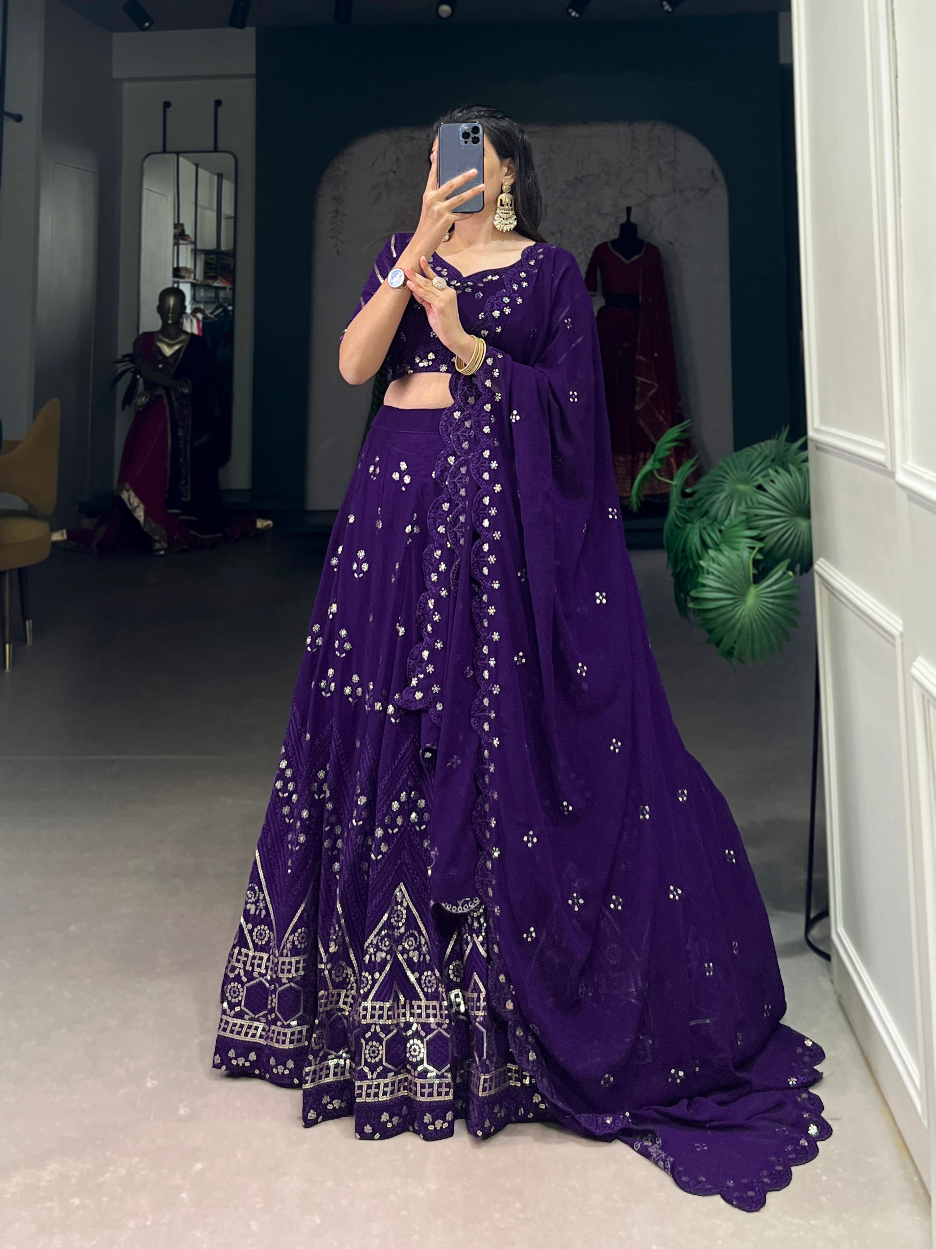 Lorenvalley Purple Georgette Sequins and Thread Embroidery Work Lehenga Choli - Distacart