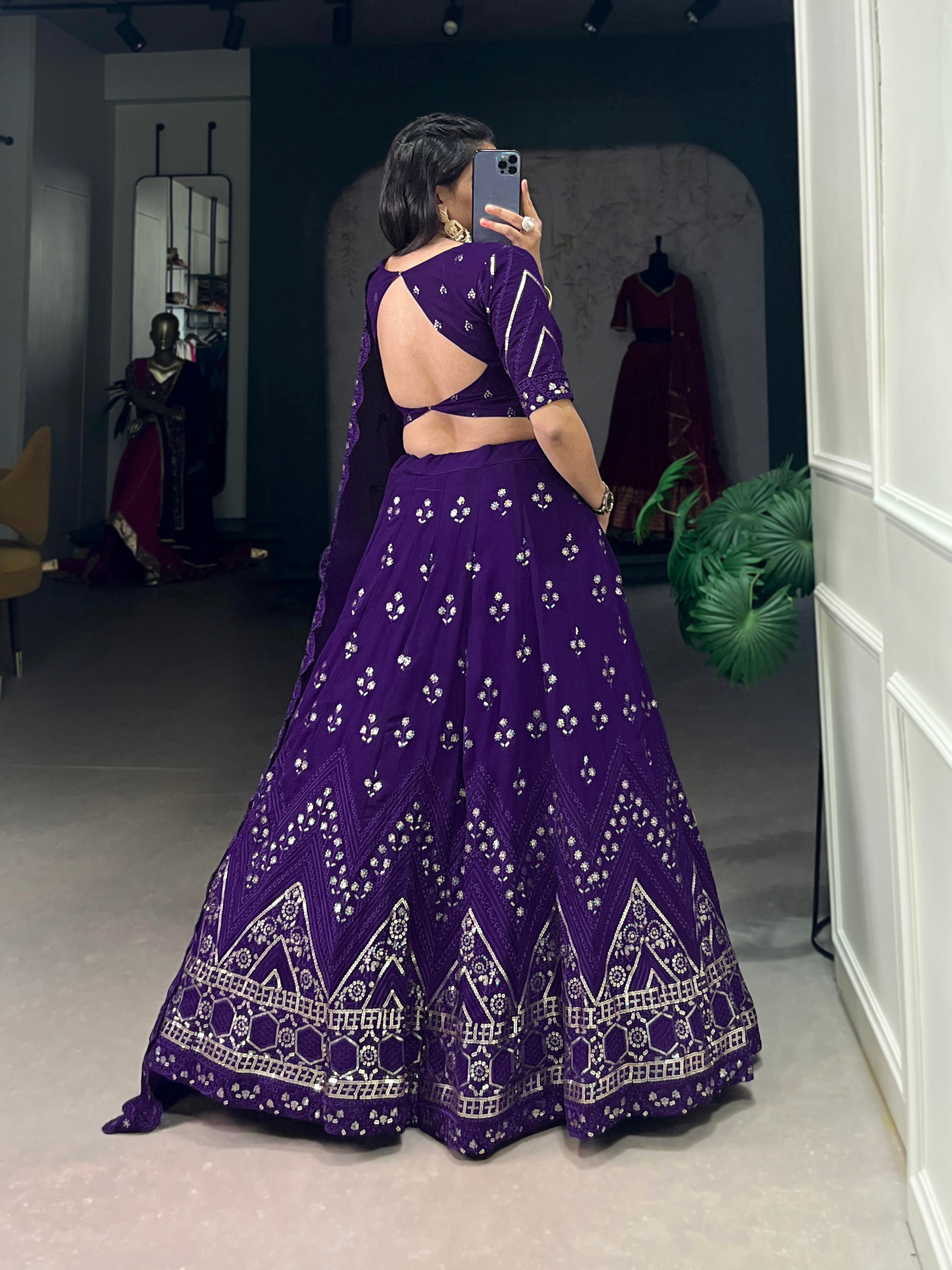 Lorenvalley Purple Georgette Sequins and Thread Embroidery Work Lehenga Choli - Distacart
