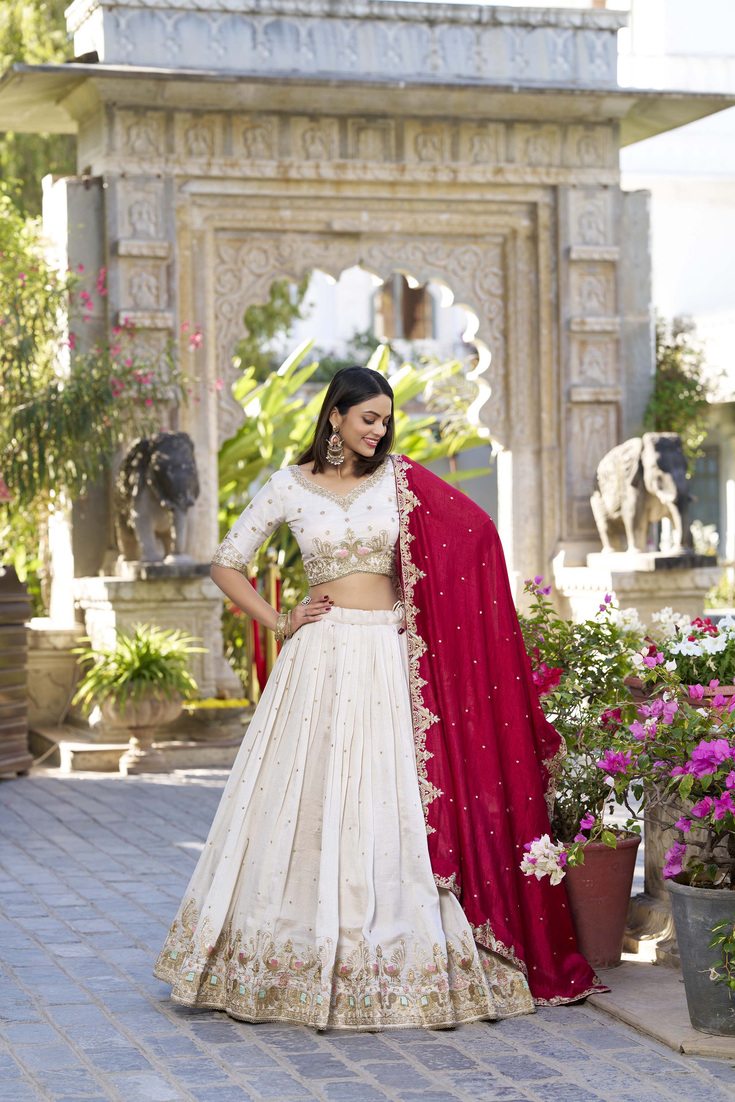 Lorenvalley OffWhite Vichitra Silk Sequins and Thread Embroidery Work Lehenga Choli - Distacart