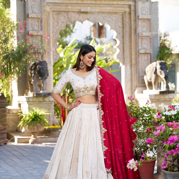 Lorenvalley OffWhite Vichitra Silk Sequins and Thread Embroidery Work Lehenga Choli - Distacart