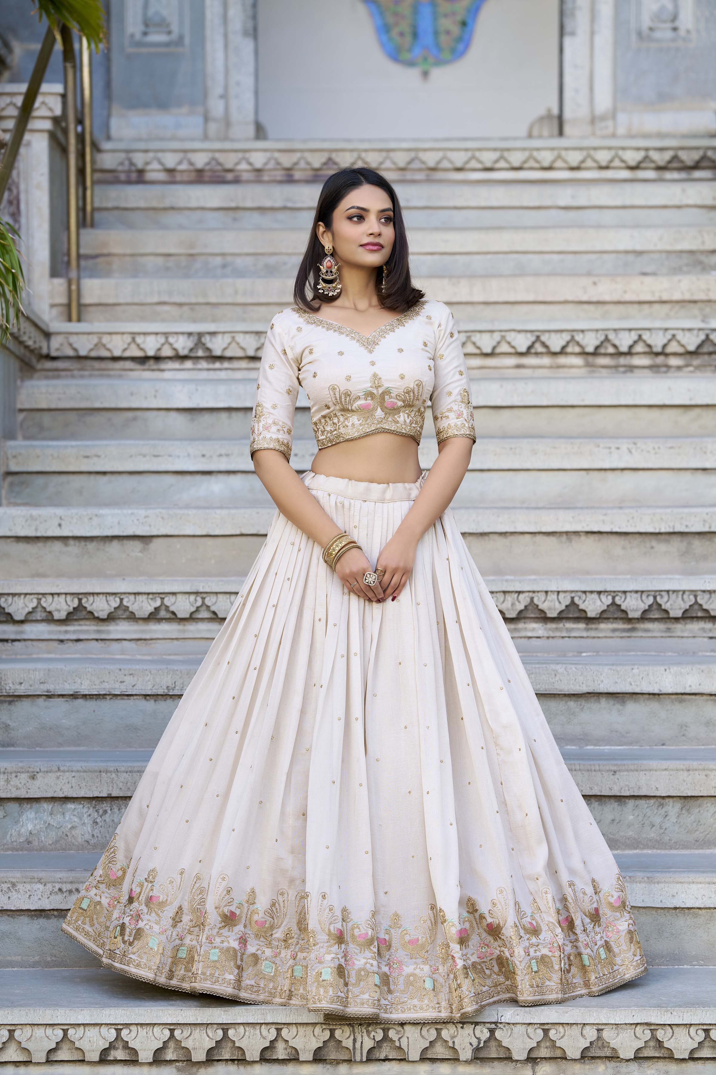 Lorenvalley OffWhite Vichitra Silk Sequins and Thread Embroidery Work Lehenga Choli - Distacart