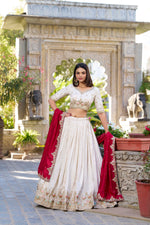 Thumbnail for Lorenvalley OffWhite Vichitra Silk Sequins and Thread Embroidery Work Lehenga Choli - Distacart
