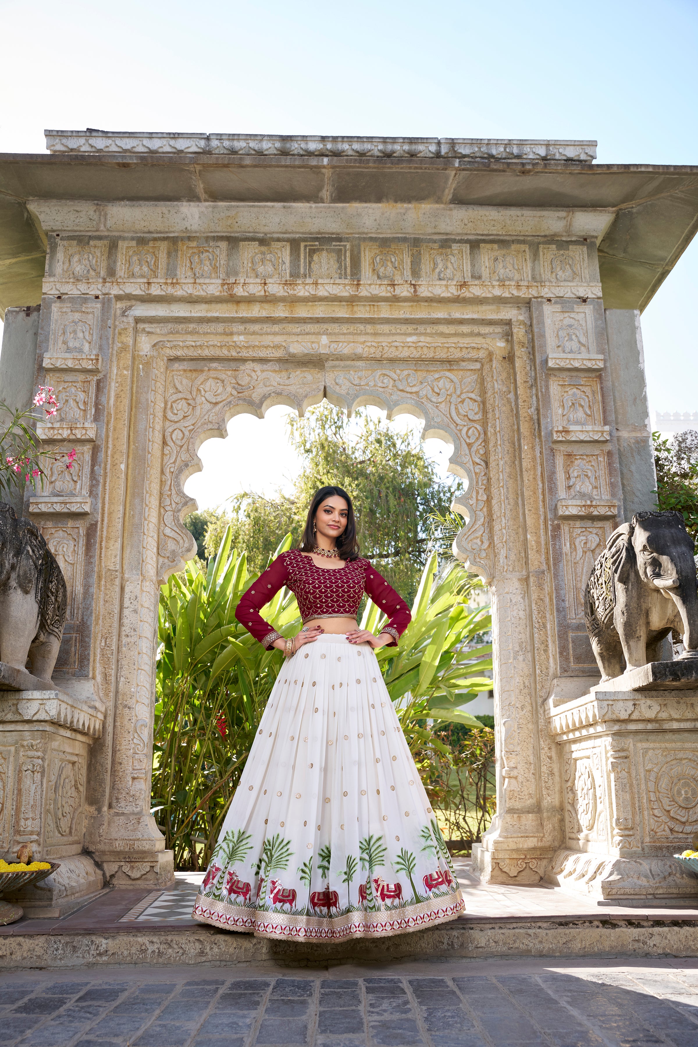 Lorenvalley White Georgette Sequins and Thread Embroidery Work With Lace Touch Up Lehenga Choli with Dupatta