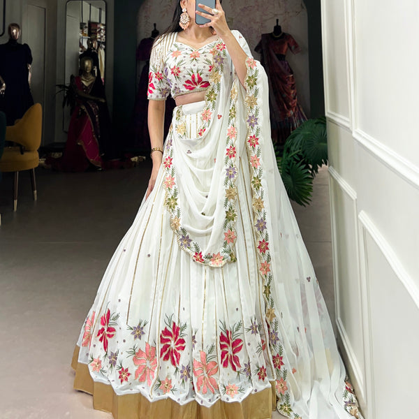 Lorenvalley White Georgette Sequins and Thread Embroidery Work with Embossed Design Lace Lehenga Choli - Distacart