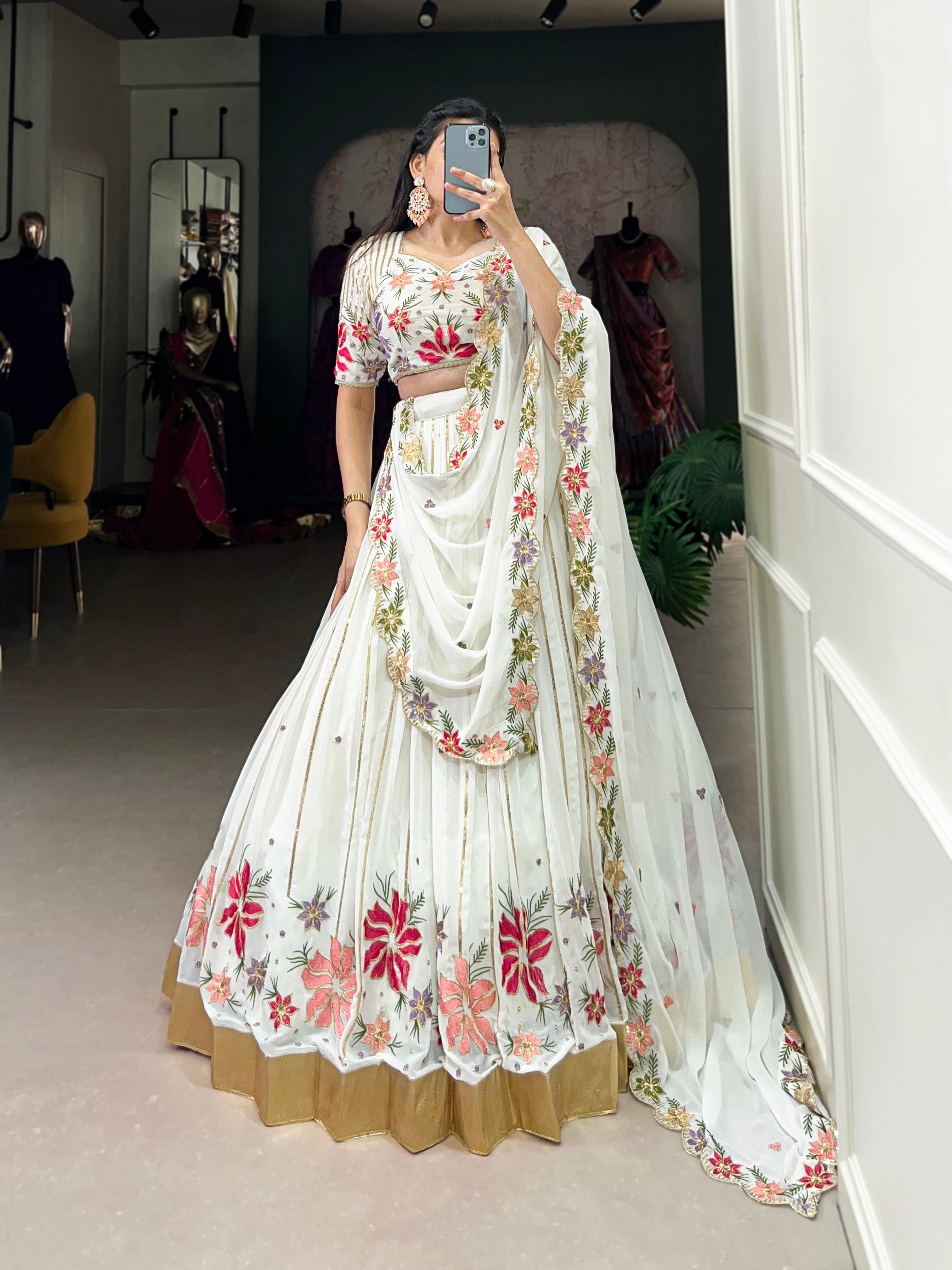 Lorenvalley White Georgette Sequins and Thread Embroidery Work with Embossed Design Lace Lehenga Choli - Distacart