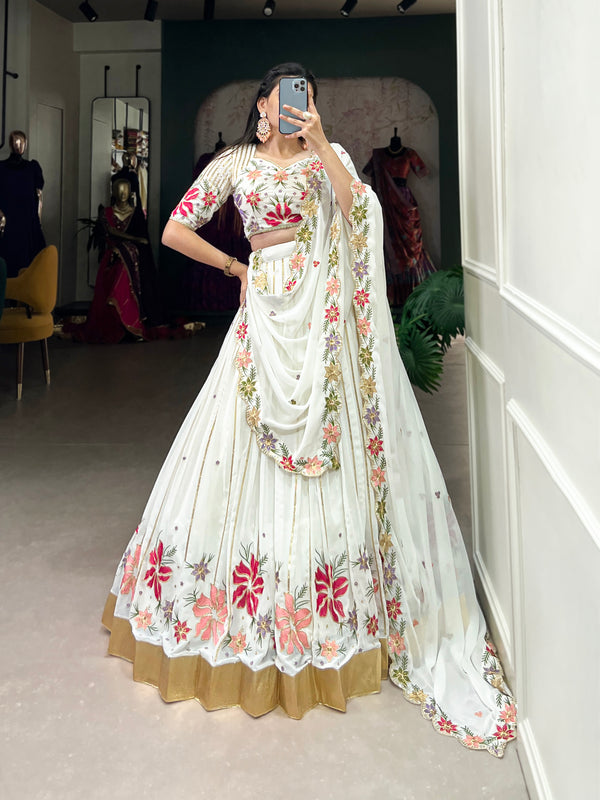 Lorenvalley White Georgette Sequins and Thread Embroidery Work with Embossed Design Lace Lehenga Choli - Distacart