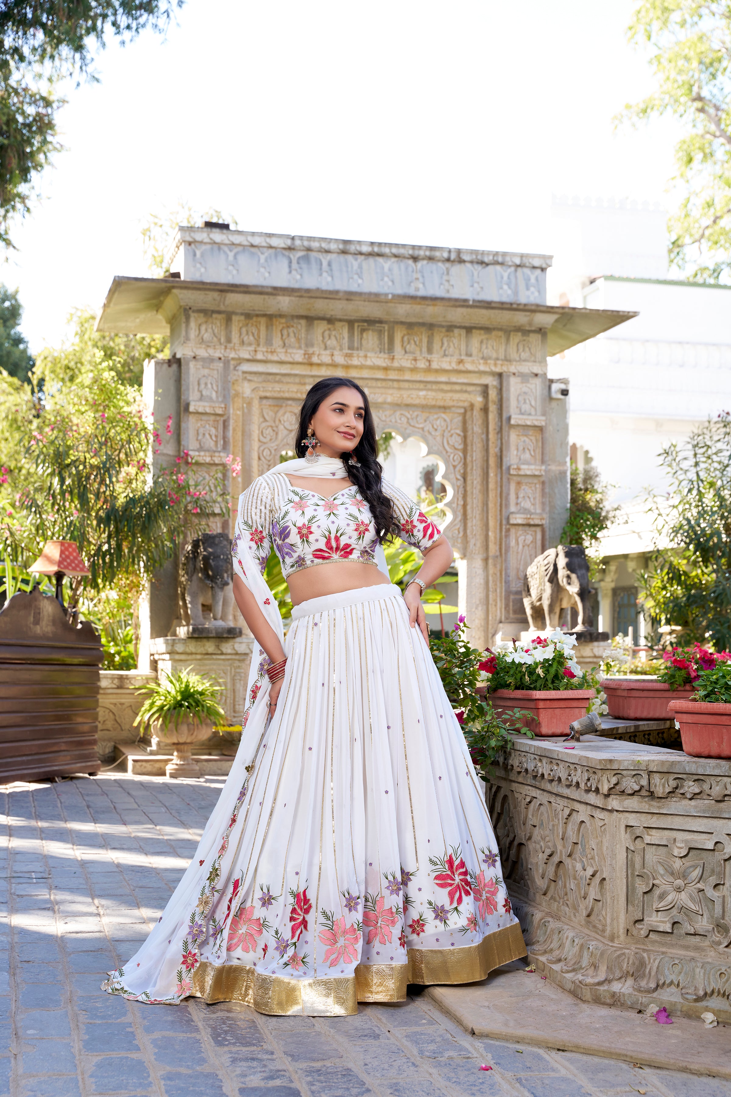 Lorenvalley Georgette Sequins and Thread Embroidery Work With Embossed Design Lace Lehenga Choli - Distacart