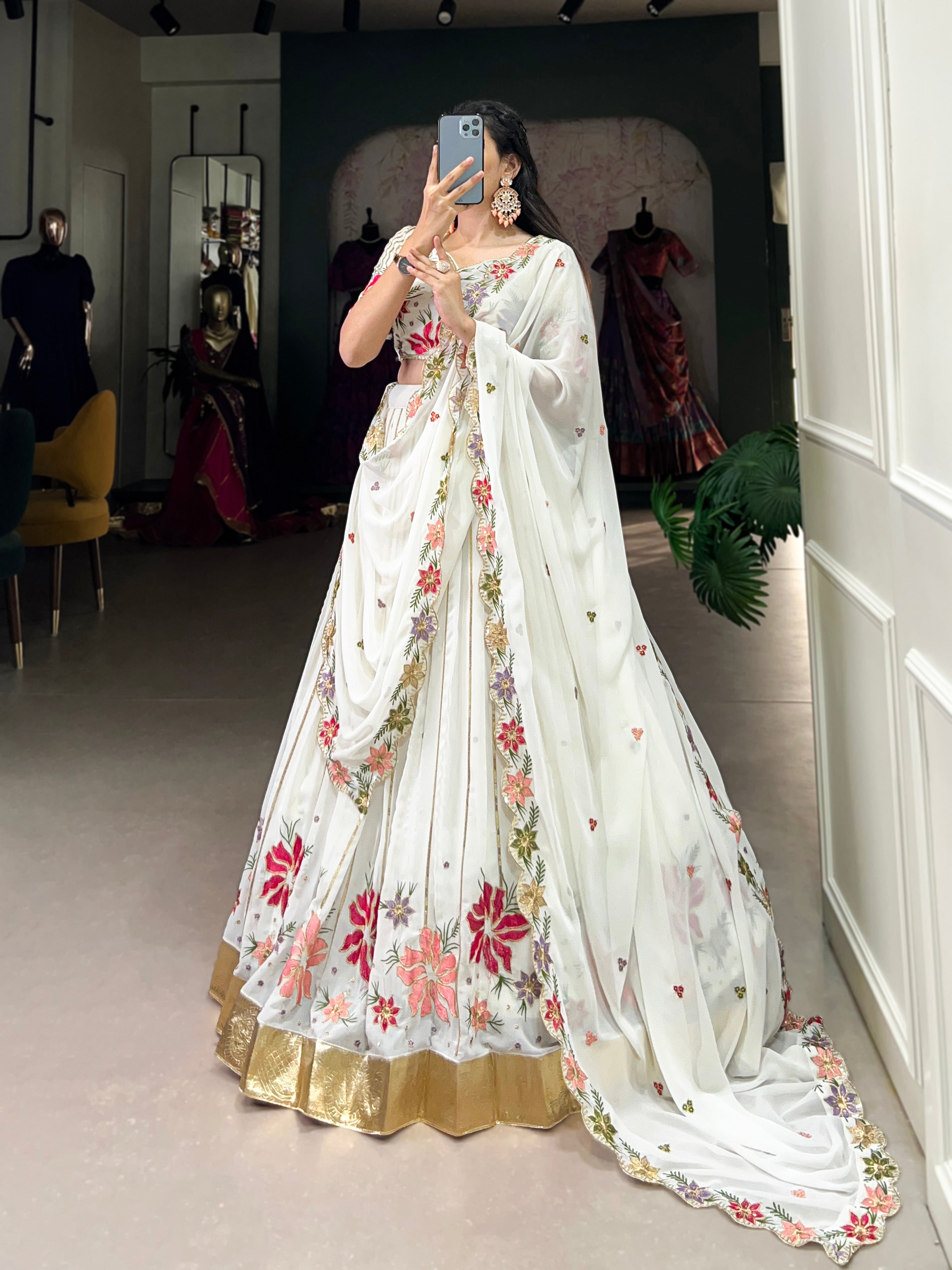 Lorenvalley White Georgette Sequins and Thread Embroidery Work with Embossed Design Lace Lehenga Choli - Distacart