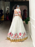 Thumbnail for Lorenvalley White Georgette Sequins and Thread Embroidery Work with Embossed Design Lace Lehenga Choli - Distacart