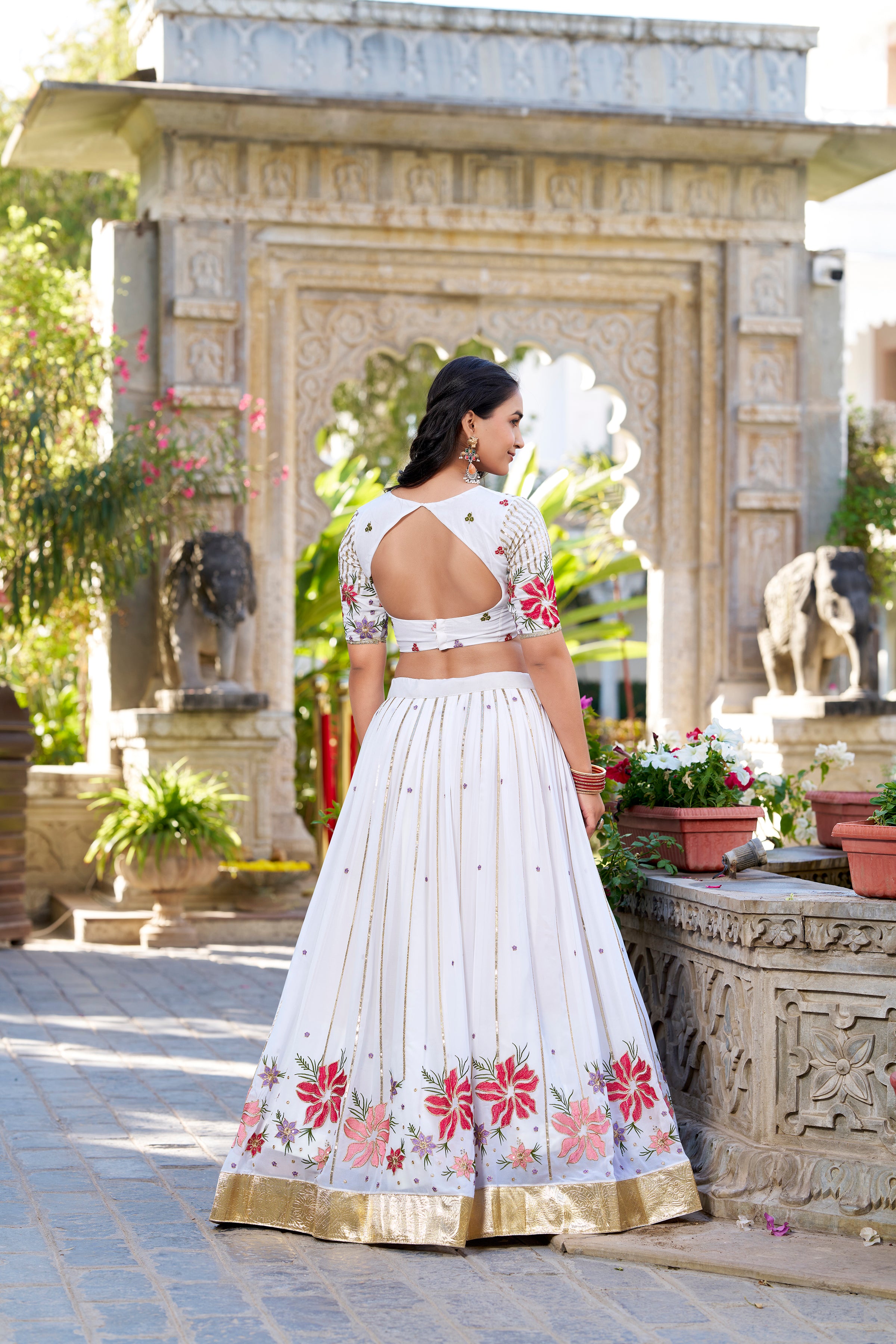 Lorenvalley Georgette Sequins and Thread Embroidery Work With Embossed Design Lace Lehenga Choli - Distacart