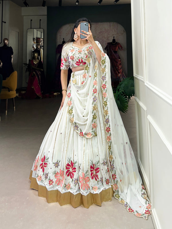 Lorenvalley White Georgette Sequins and Thread Embroidery Work with Embossed Design Lace Lehenga Choli - Distacart