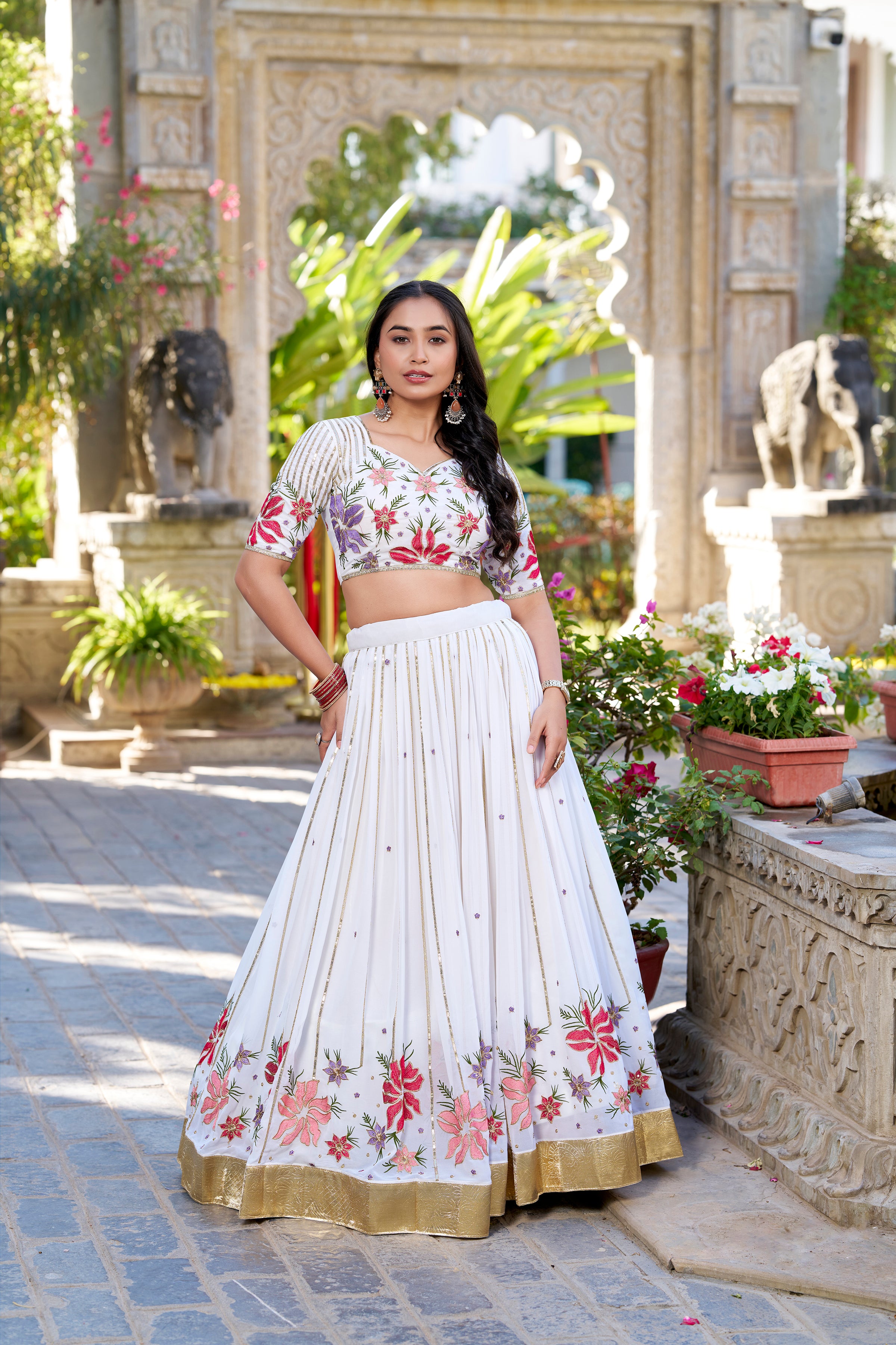 Lorenvalley Georgette Sequins and Thread Embroidery Work With Embossed Design Lace Lehenga Choli - Distacart