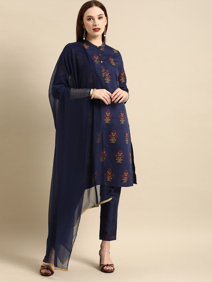 All About You Women Navy Blue Ethnic Motifs Printed Kurta with Trousers & With Dupatta - Distacart