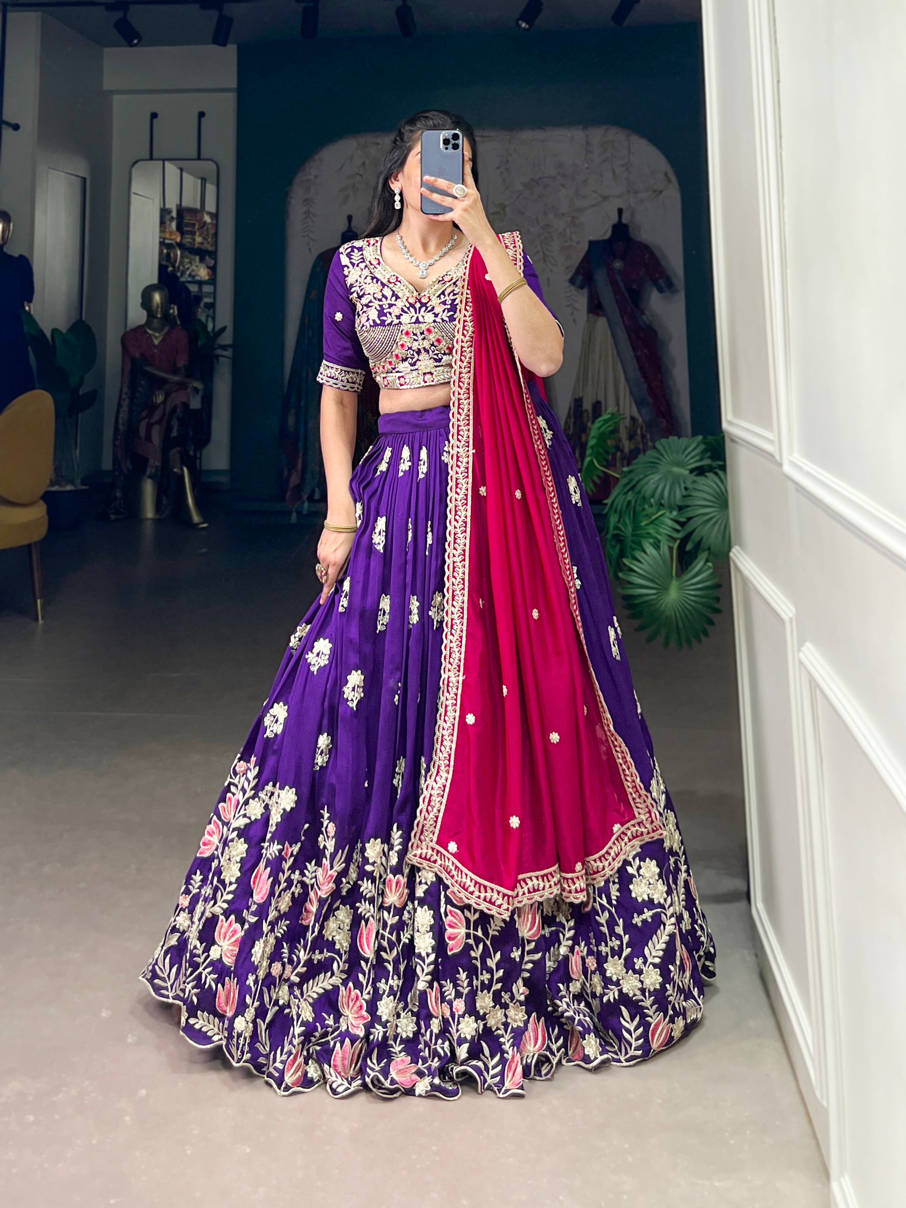 Lorenvalley Purple Vichitra Silk Sequins and Thread Embroidery Work Lehenga Choli - Distacart