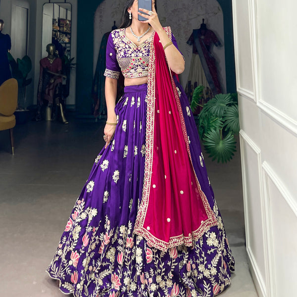 Lorenvalley Purple Vichitra Silk Sequins and Thread Embroidery Work Lehenga Choli - Distacart