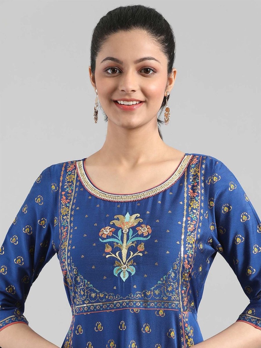 AURELIA Blue Floral Printed Ethnic Maxi Dress - Distacart