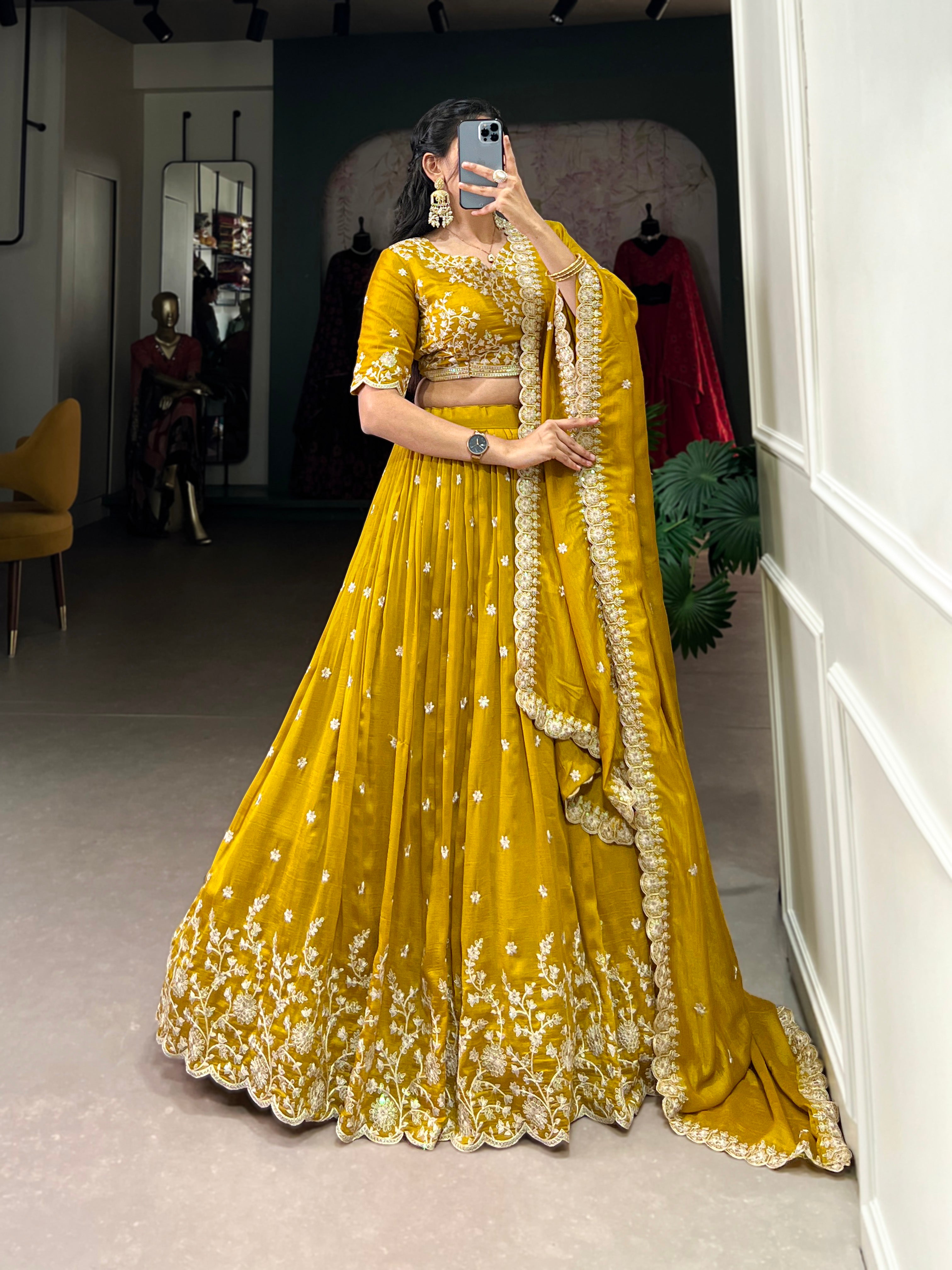 Lorenvalley Mustard Vichitra Silk Sequins and Thread Embroidery Work Lehenga Choli - Distacart