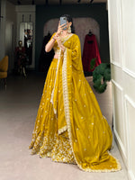 Thumbnail for Lorenvalley Mustard Vichitra Silk Sequins and Thread Embroidery Work Lehenga Choli - Distacart