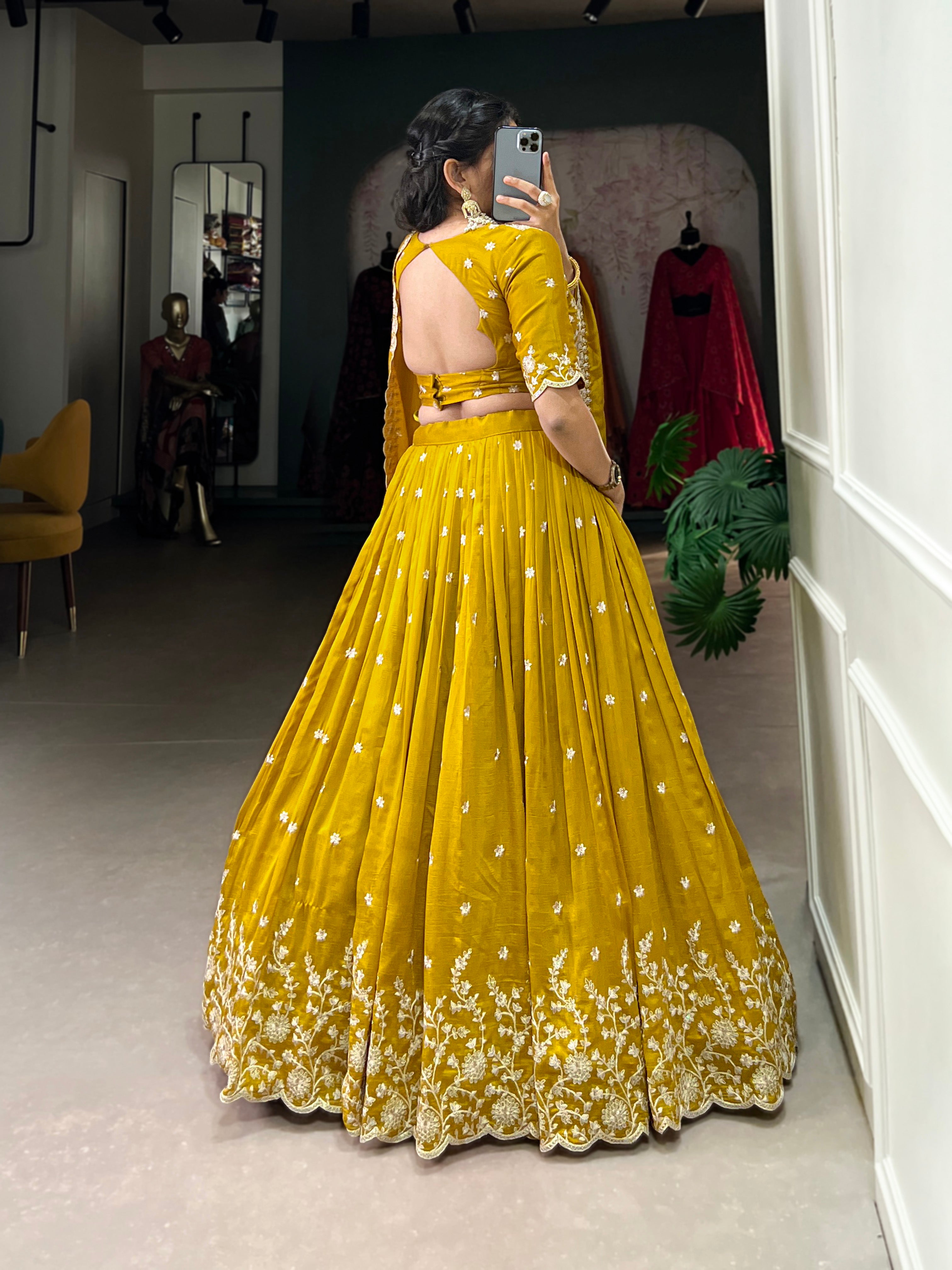 Lorenvalley Mustard Vichitra Silk Sequins and Thread Embroidery Work Lehenga Choli - Distacart