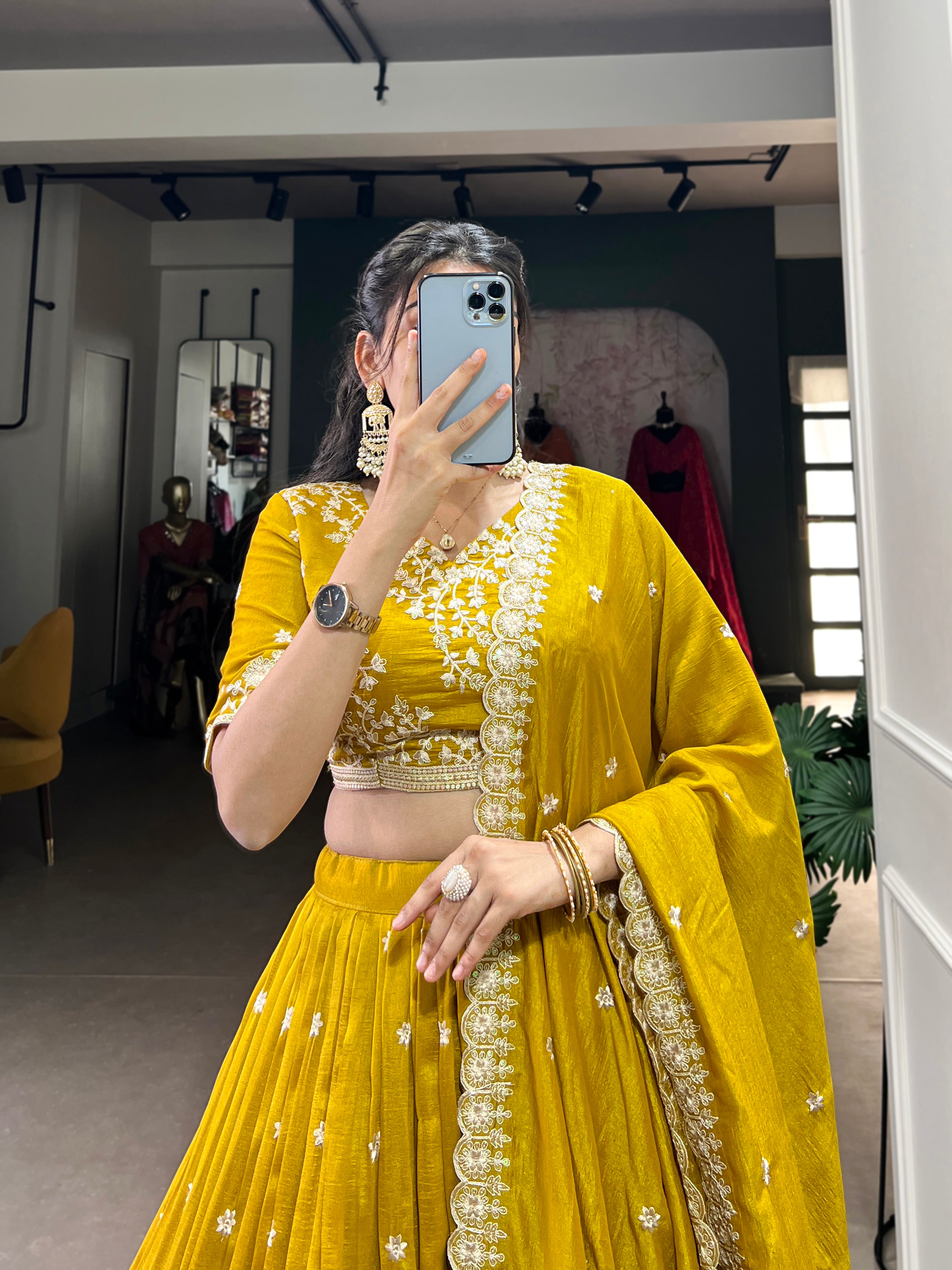 Lorenvalley Mustard Vichitra Silk Sequins and Thread Embroidery Work Lehenga Choli - Distacart