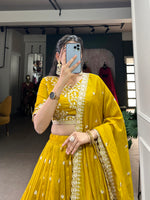 Thumbnail for Lorenvalley Mustard Vichitra Silk Sequins and Thread Embroidery Work Lehenga Choli - Distacart