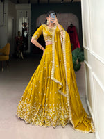 Thumbnail for Lorenvalley Mustard Vichitra Silk Sequins and Thread Embroidery Work Lehenga Choli - Distacart