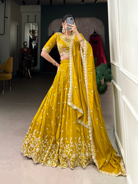 Lorenvalley Mustard Vichitra Silk Sequins and Thread Embroidery Work Lehenga Choli - Distacart