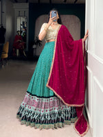 Thumbnail for Lorenvalley Fashion Bottlegreen Rayon Bandhej and Ajarakh Print with Sequins and Thread Embroidery Lehenga Choli with Dupatta - Distacart