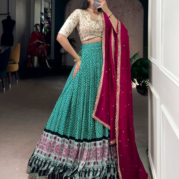 Lorenvalley Fashion Bottlegreen Rayon Bandhej and Ajarakh Print with Sequins and Thread Embroidery Lehenga Choli with Dupatta - Distacart