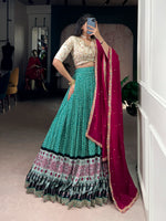 Thumbnail for Lorenvalley Fashion Bottlegreen Rayon Bandhej and Ajarakh Print with Sequins and Thread Embroidery Lehenga Choli with Dupatta - Distacart