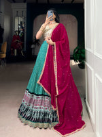 Thumbnail for Lorenvalley Fashion Bottlegreen Rayon Bandhej and Ajarakh Print with Sequins and Thread Embroidery Lehenga Choli with Dupatta - Distacart