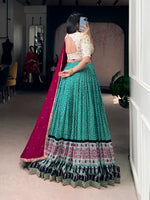 Thumbnail for Lorenvalley Fashion Bottlegreen Rayon Bandhej and Ajarakh Print with Sequins and Thread Embroidery Lehenga Choli with Dupatta - Distacart