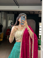 Thumbnail for Lorenvalley Fashion Bottlegreen Rayon Bandhej and Ajarakh Print with Sequins and Thread Embroidery Lehenga Choli with Dupatta - Distacart