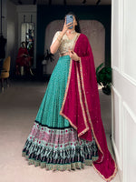 Thumbnail for Lorenvalley Fashion Bottlegreen Rayon Bandhej and Ajarakh Print with Sequins and Thread Embroidery Lehenga Choli with Dupatta - Distacart