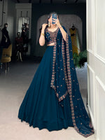 Thumbnail for Lorenvalley Teal Georgette Plain Lehenga with Sequins and Thread Embroidery work Choli with Dupatta - Distacart