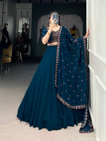 Thumbnail for Lorenvalley Teal Georgette Plain Lehenga with Sequins and Thread Embroidery work Choli with Dupatta - Distacart