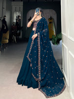 Thumbnail for Lorenvalley Teal Georgette Plain Lehenga with Sequins and Thread Embroidery work Choli with Dupatta - Distacart