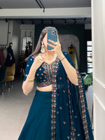 Thumbnail for Lorenvalley Teal Georgette Plain Lehenga with Sequins and Thread Embroidery work Choli with Dupatta - Distacart