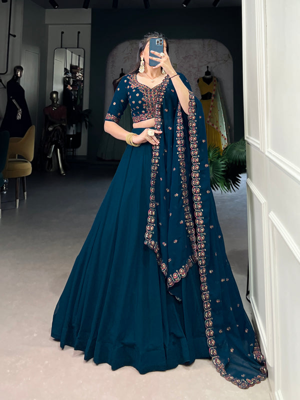 Lorenvalley Teal Georgette Plain Lehenga with Sequins and Thread Embroidery work Choli with Dupatta - Distacart