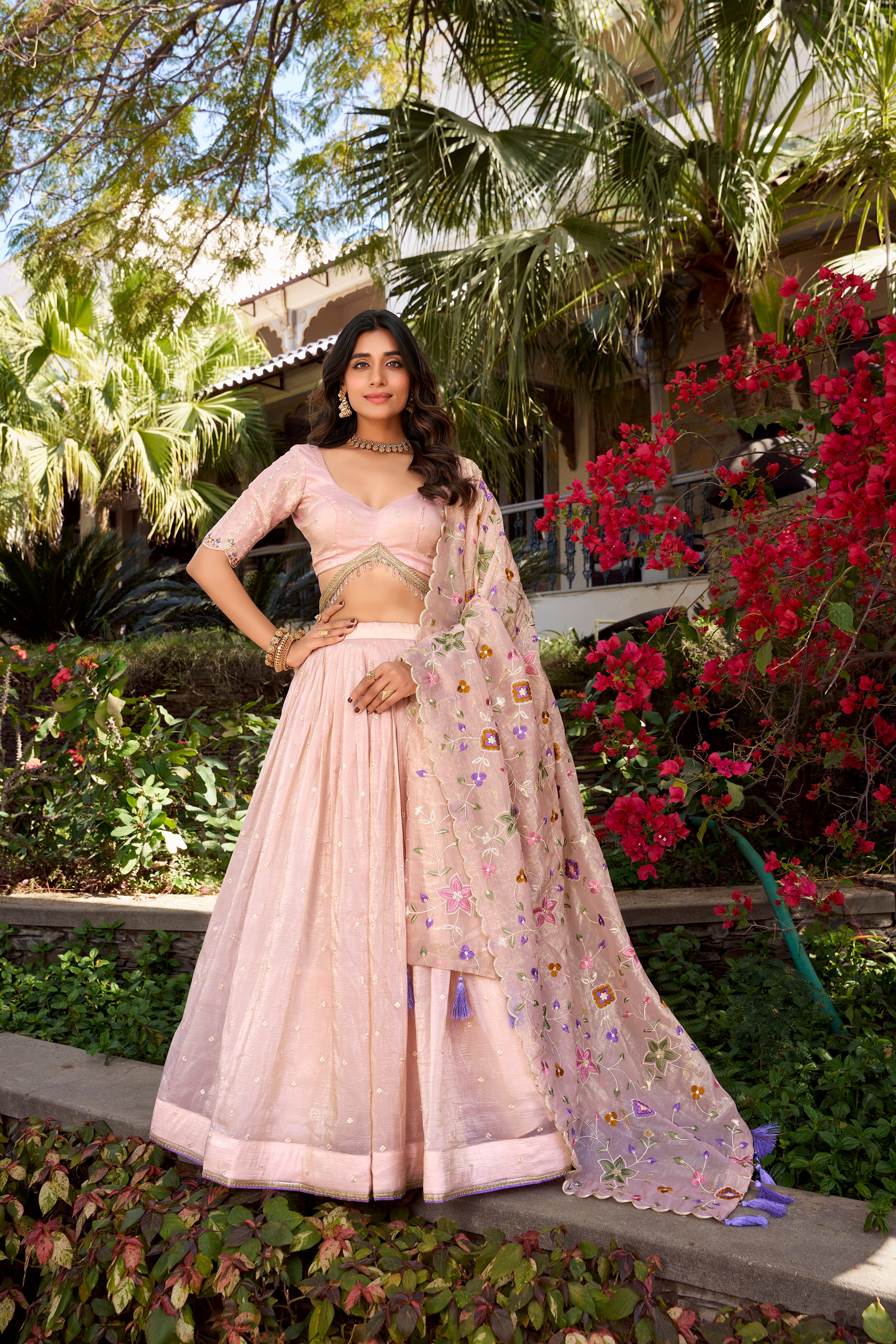 Lorenvalley Light Pink Gold Crush Fabric Sequins and Thread Embroidery All Over Butties Work Lehenga choli - Distacart