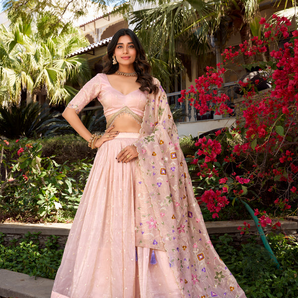 Lorenvalley Light Pink Gold Crush Fabric Sequins and Thread Embroidery All Over Butties Work Lehenga choli - Distacart