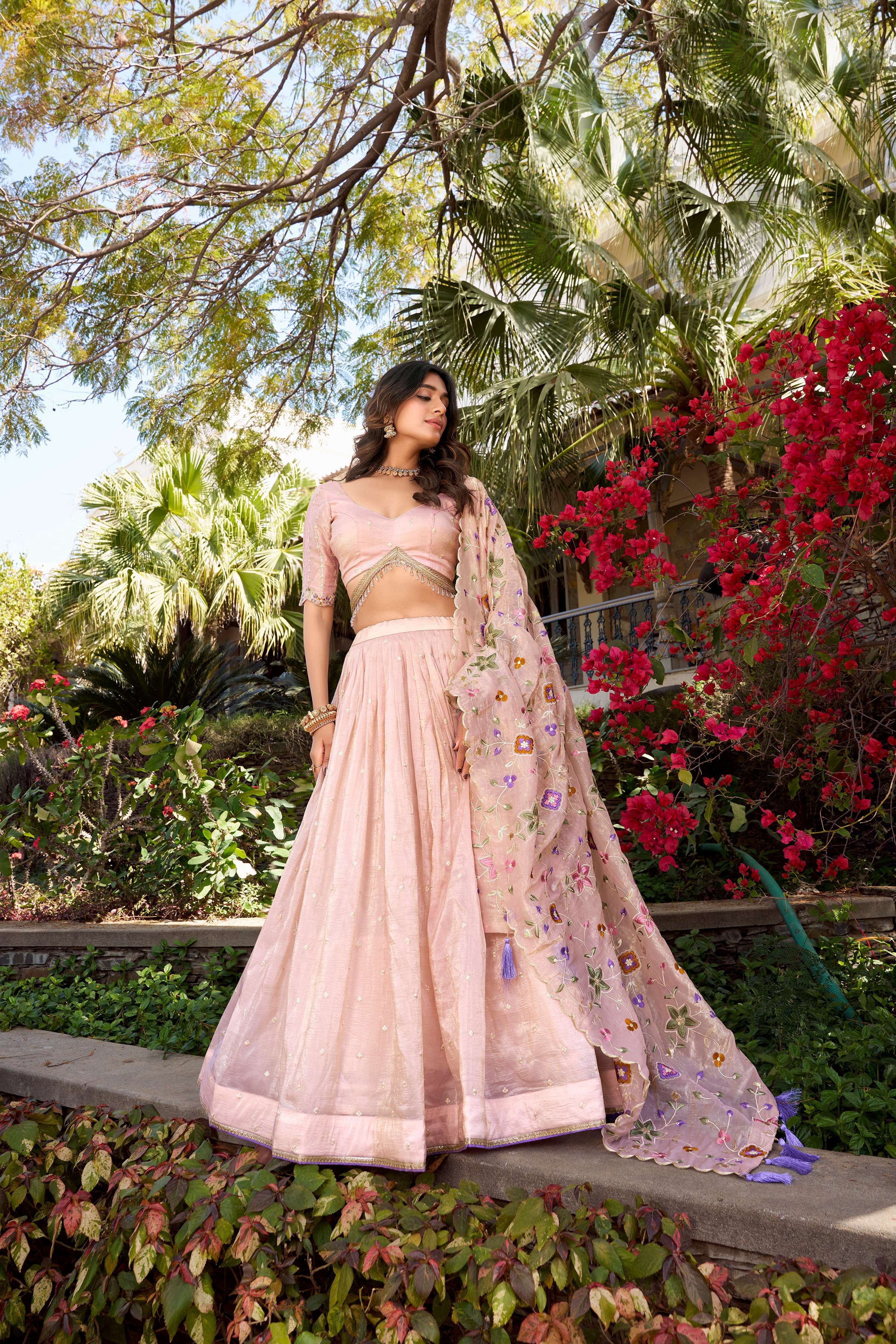 Lorenvalley Light Pink Gold Crush Fabric Sequins and Thread Embroidery All Over Butties Work Lehenga choli - Distacart