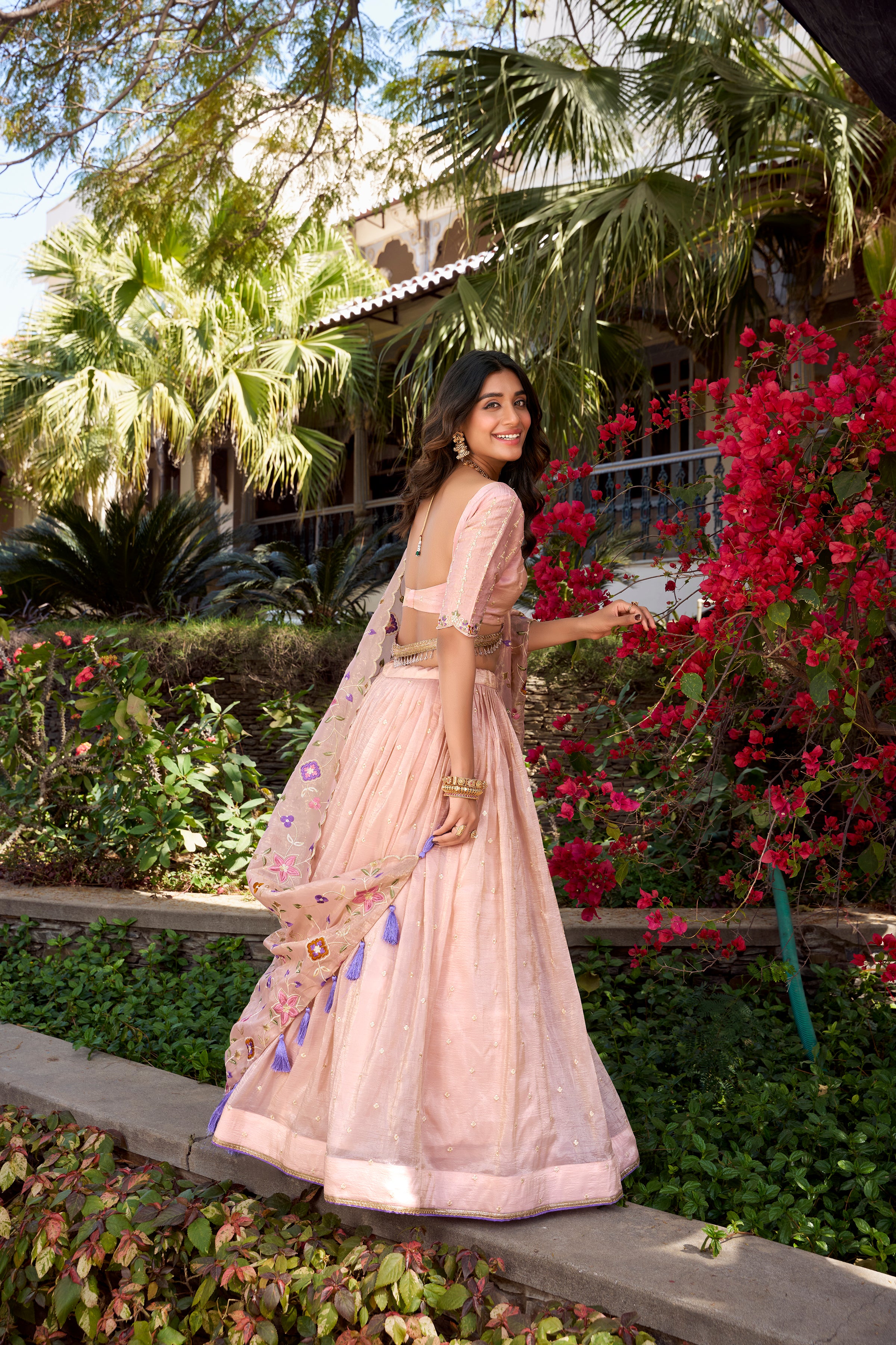 Lorenvalley Light Pink Gold Crush Fabric Sequins and Thread Embroidery All Over Butties Work Lehenga choli - Distacart