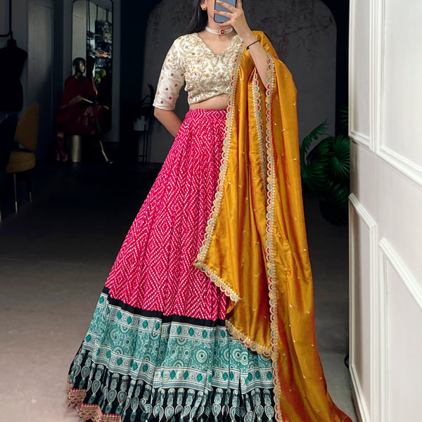 Lorenvalley Fashion Pink Rayon Bandhej and Ajrakh Print with Sequins and Thread Embroidery Lehenga Choli with Dupatta - Distacart