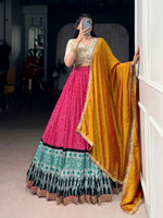 Thumbnail for Lorenvalley Fashion Pink Rayon Bandhej and Ajrakh Print with Sequins and Thread Embroidery Lehenga Choli with Dupatta - Distacart